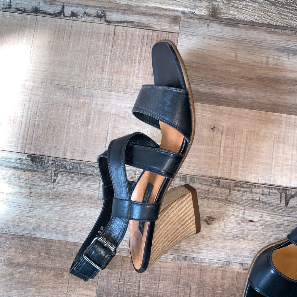 PAUL GREEN Black Leather Square Toe Ankle Strap Sandal Heels size 7.5